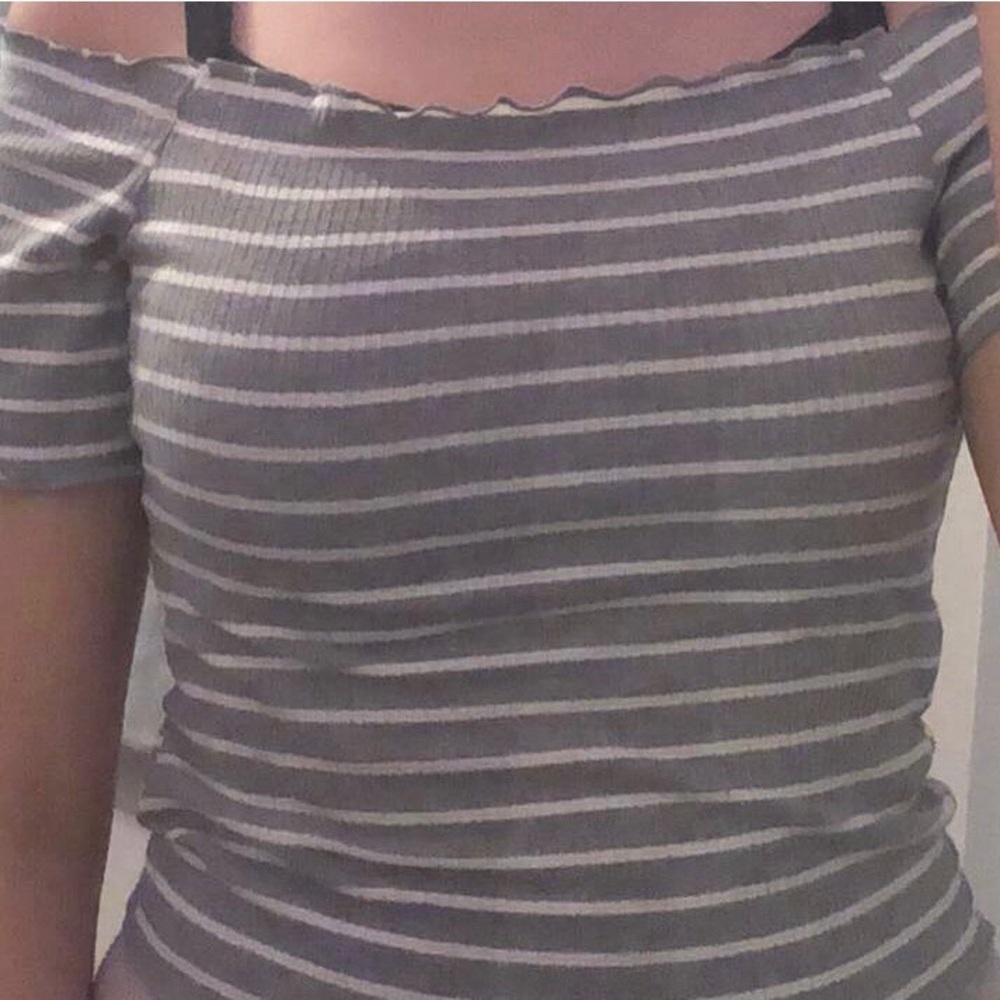 grey and white striped off the shoulder crop top
